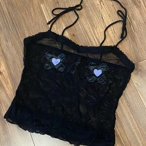 Current Mood Black fishnet and lace Camisole with Purple Heart Details